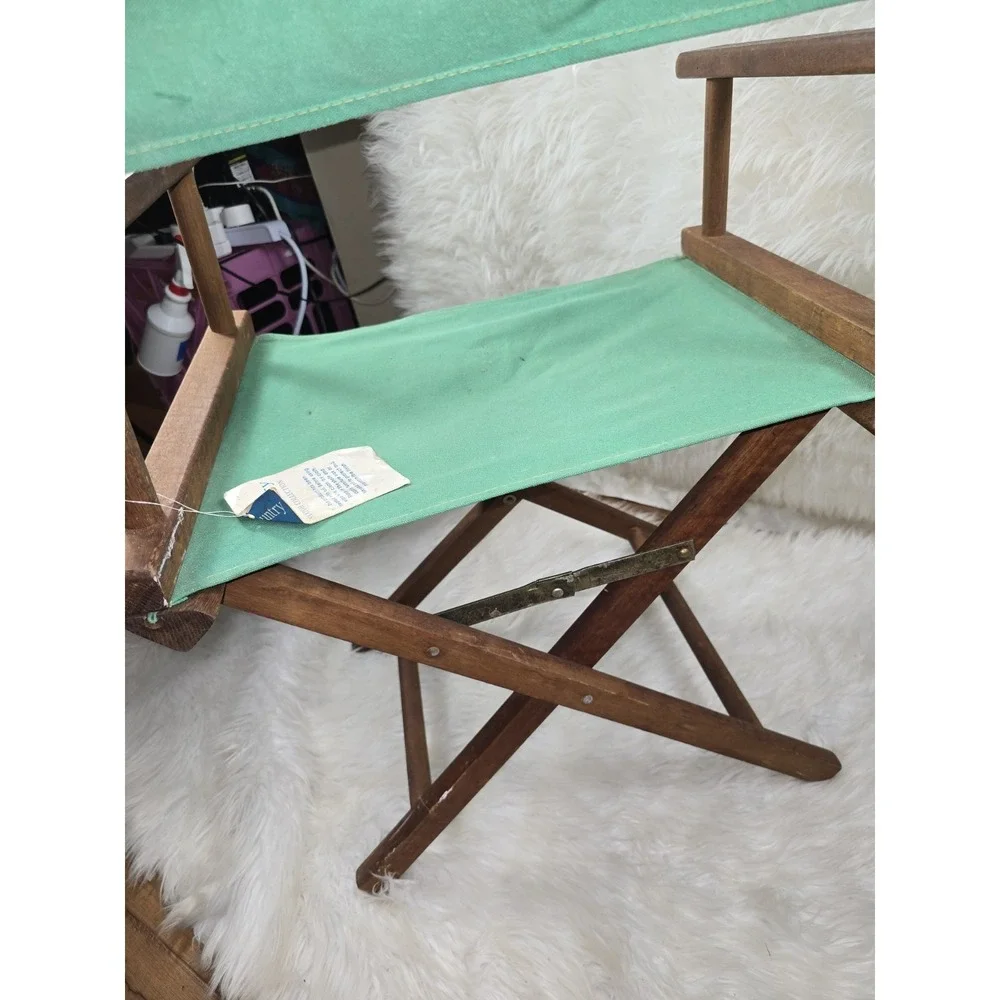 Vintage Directors Chair Green Canvas Natural Wood Table Height Foldable OLD!!!